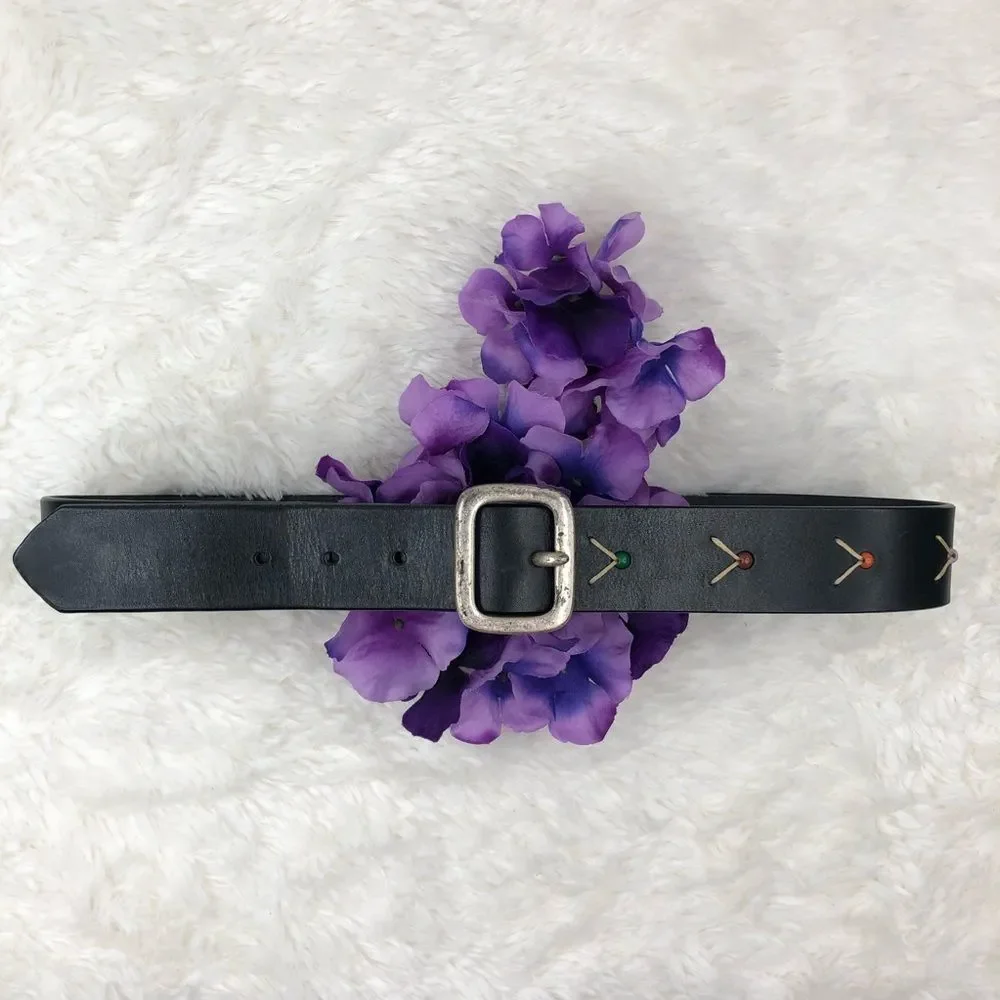 90’s Vintage Express Beaded Black Leather Belt sz L